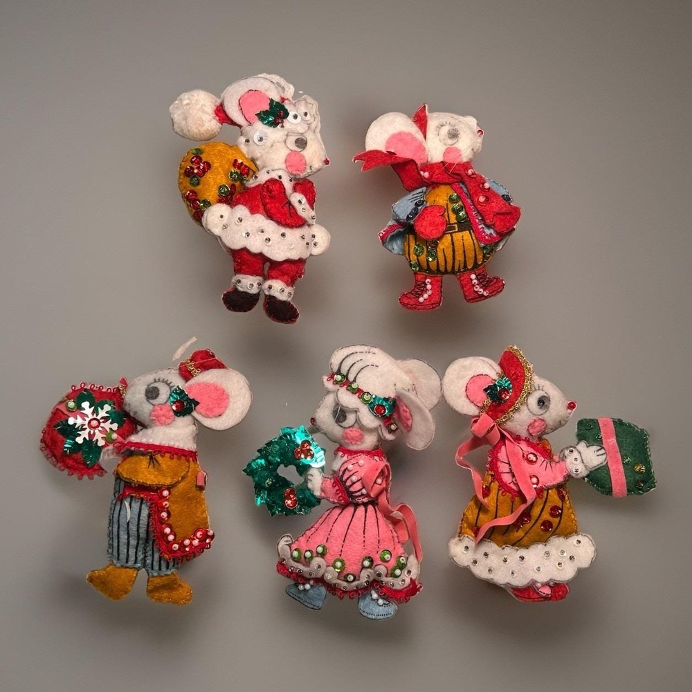 Vtg Japan Felt Mouse Christmas Ornaments Set 6 MCM Handmade Sequin Holiday